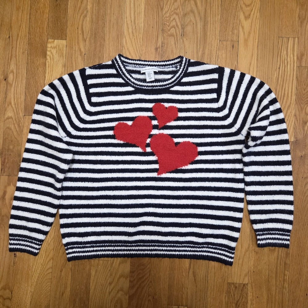 Cupcakes and Cashmere Navy Blue And White Striped Heart Sweater Size XL